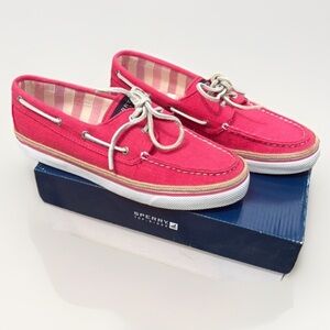 Sperry Top Sider Bahama 2 Eye Pink Linen Boat Shoe Preppy Coastal Size 9.5